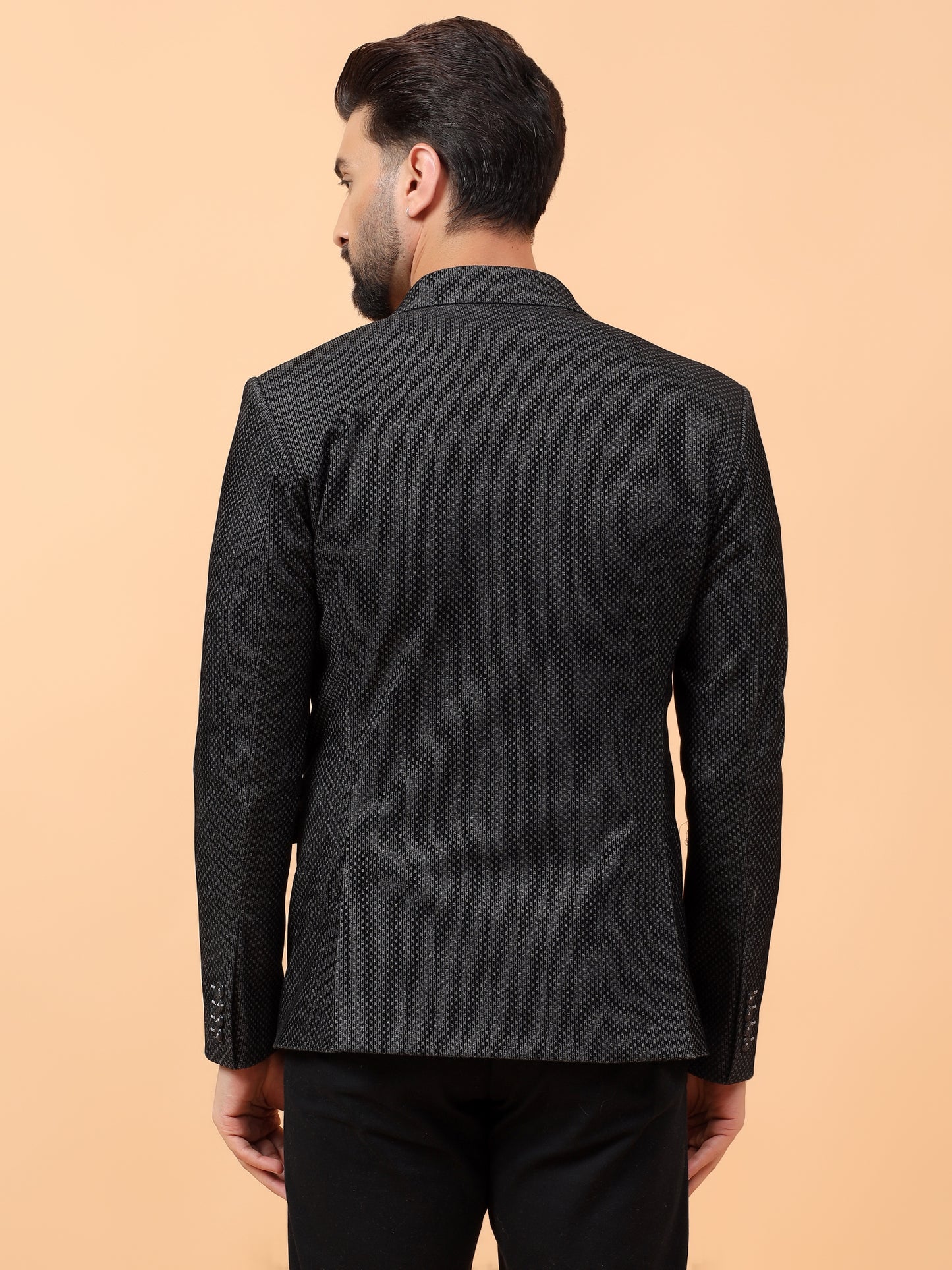 Black Textured Blazer with Contrast Piping