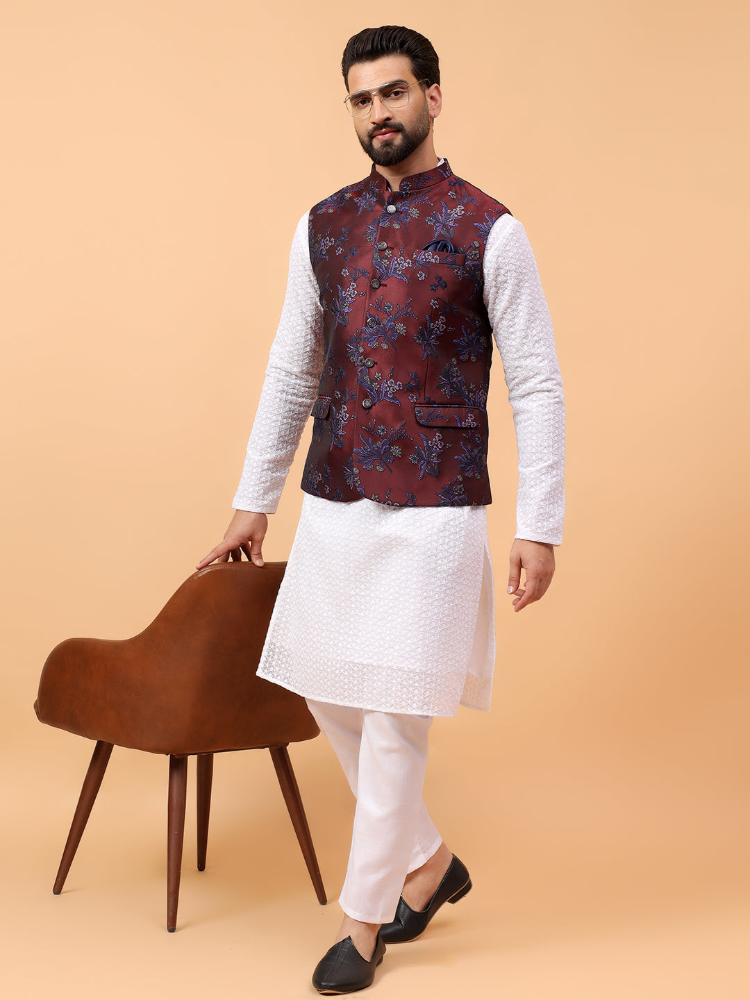 Cherry Jacquard Nehru Jacket
