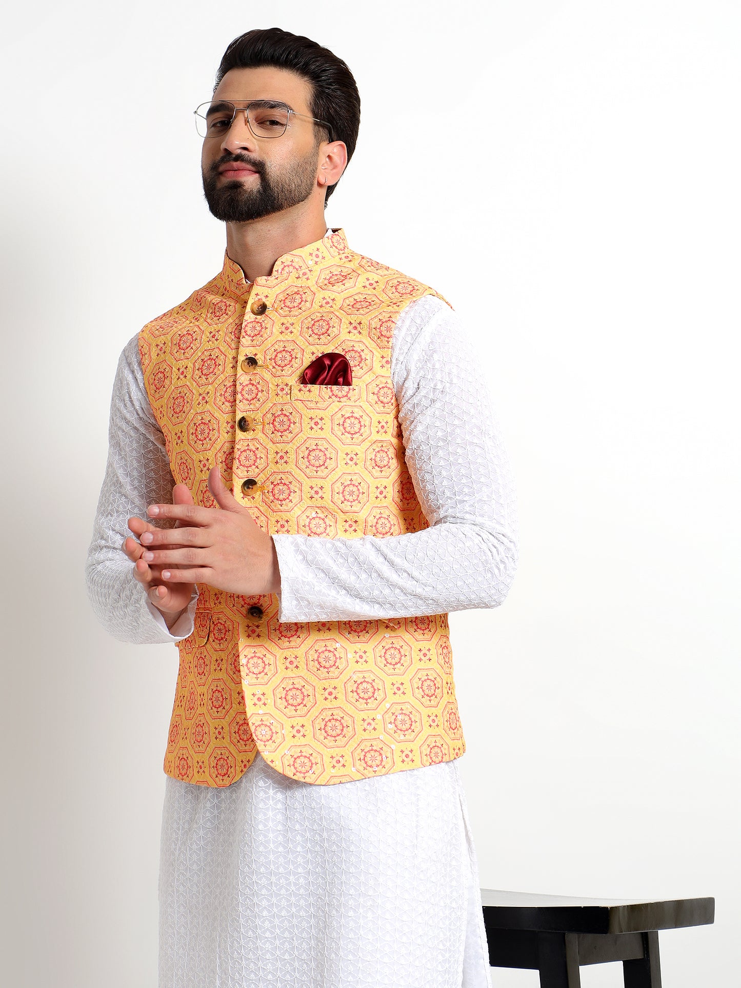 Yellow Printed Nehru Jacket