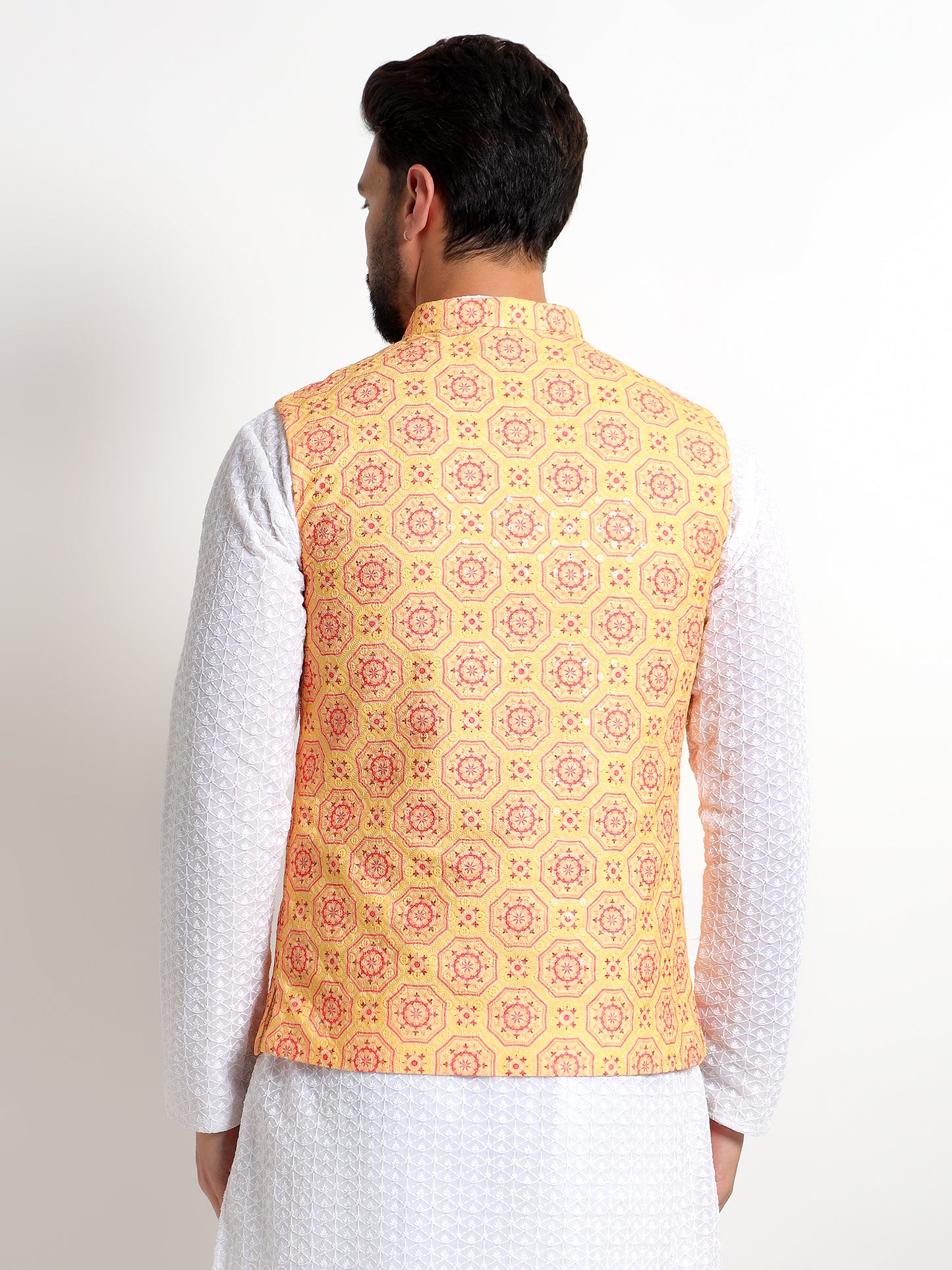 Yellow Printed Nehru Jacket