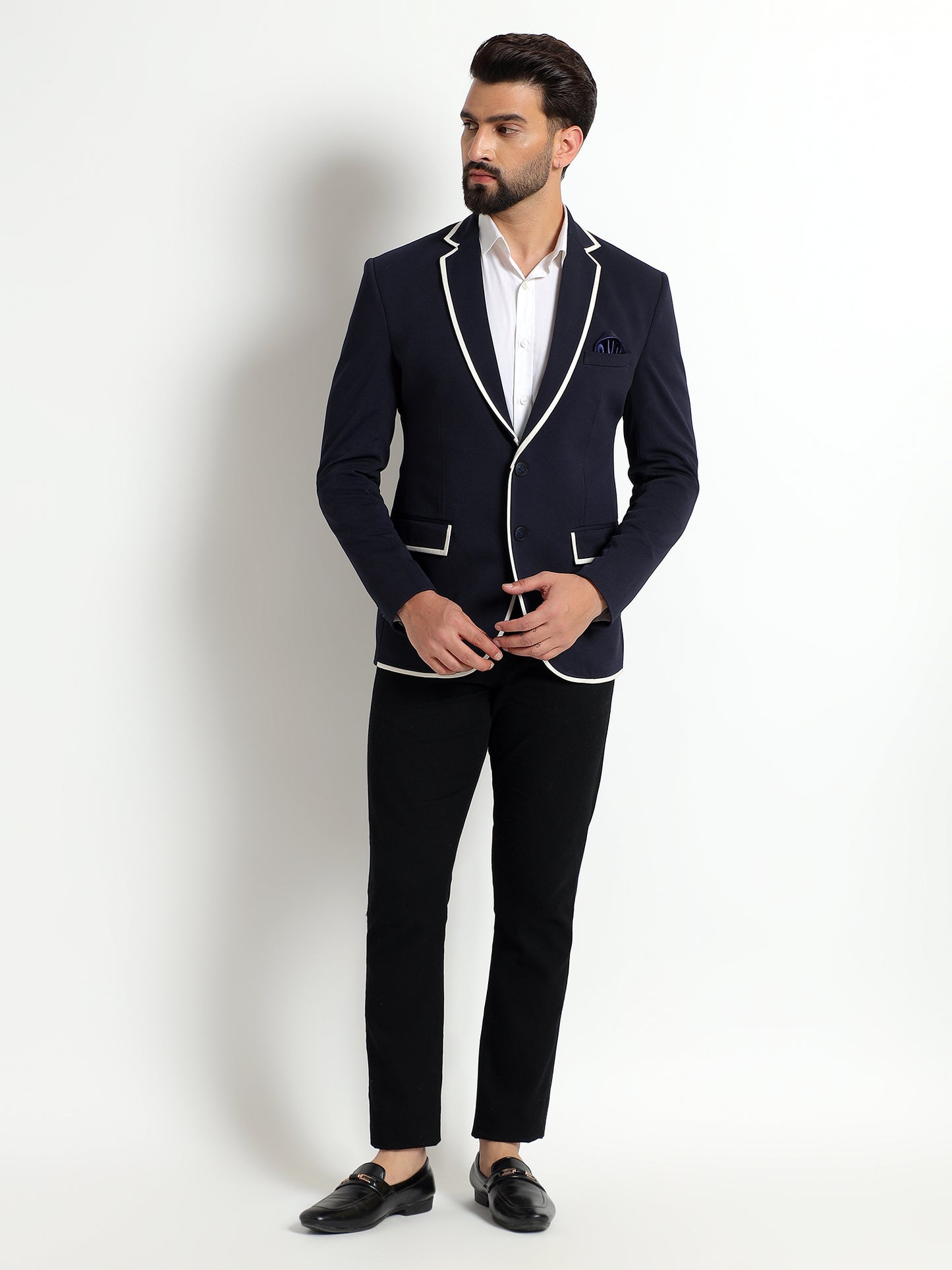 Navy Blue Blazer with White Piping