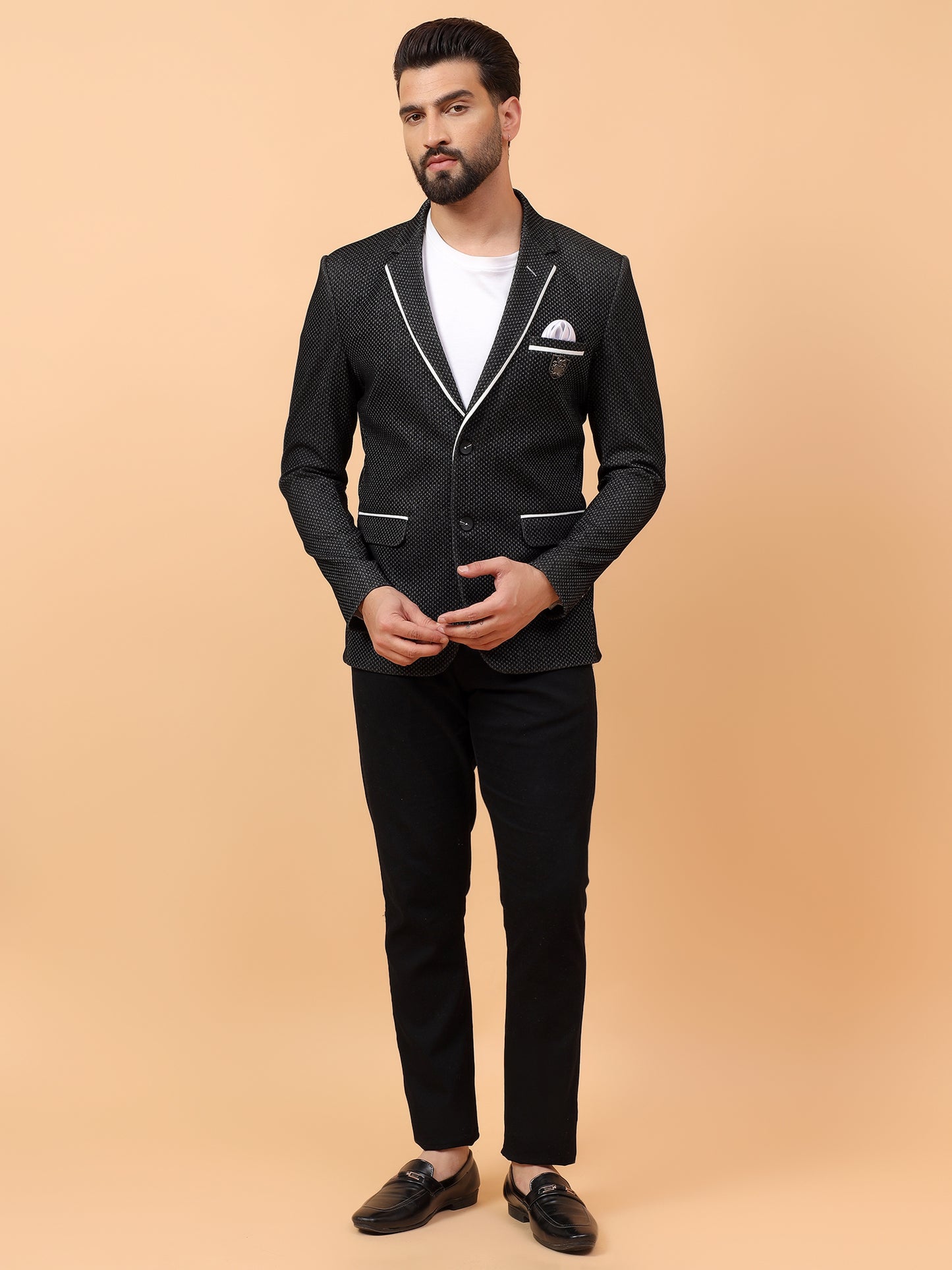 Black Textured Blazer with Contrast Piping
