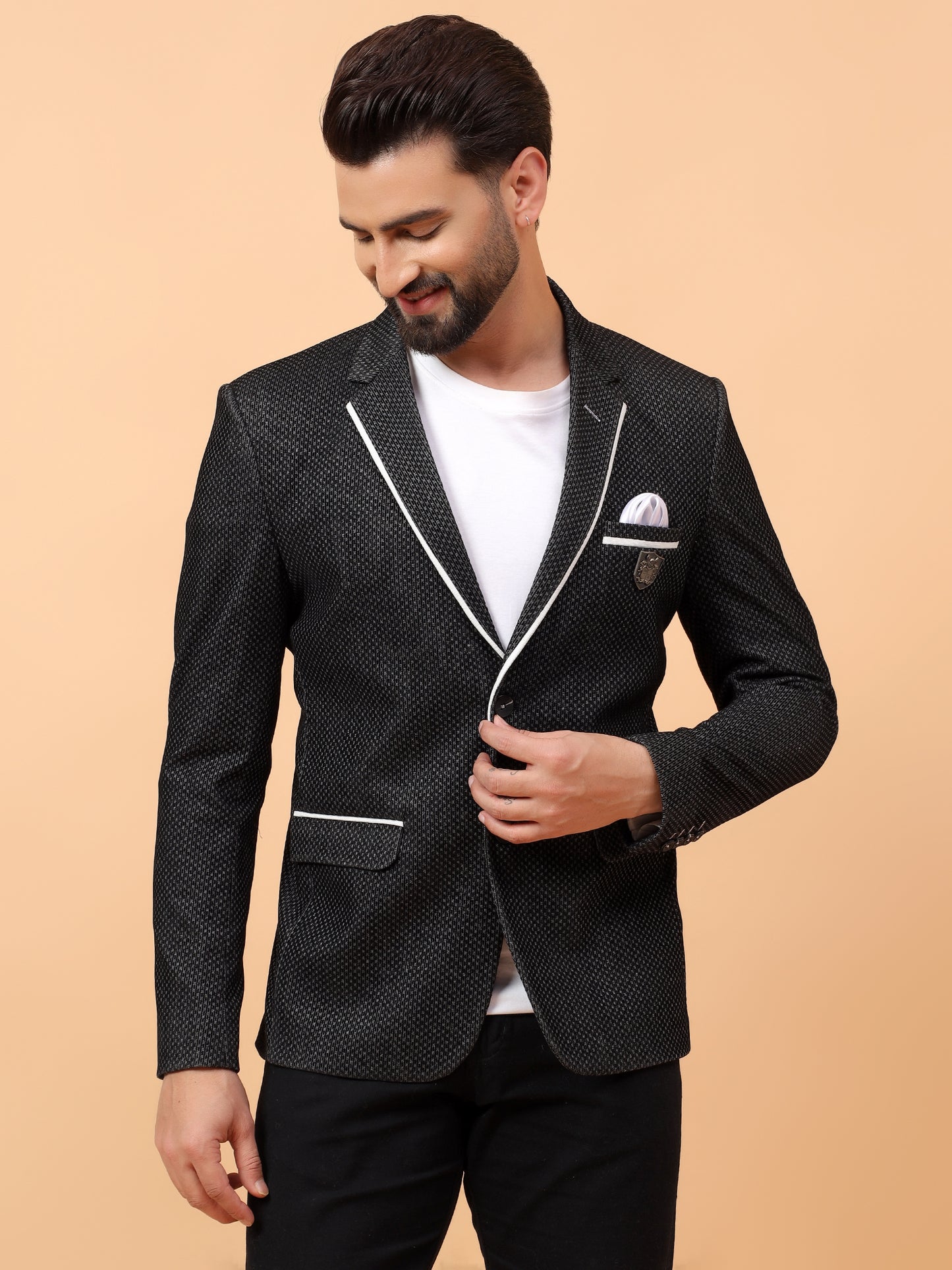 Black Textured Blazer with Contrast Piping