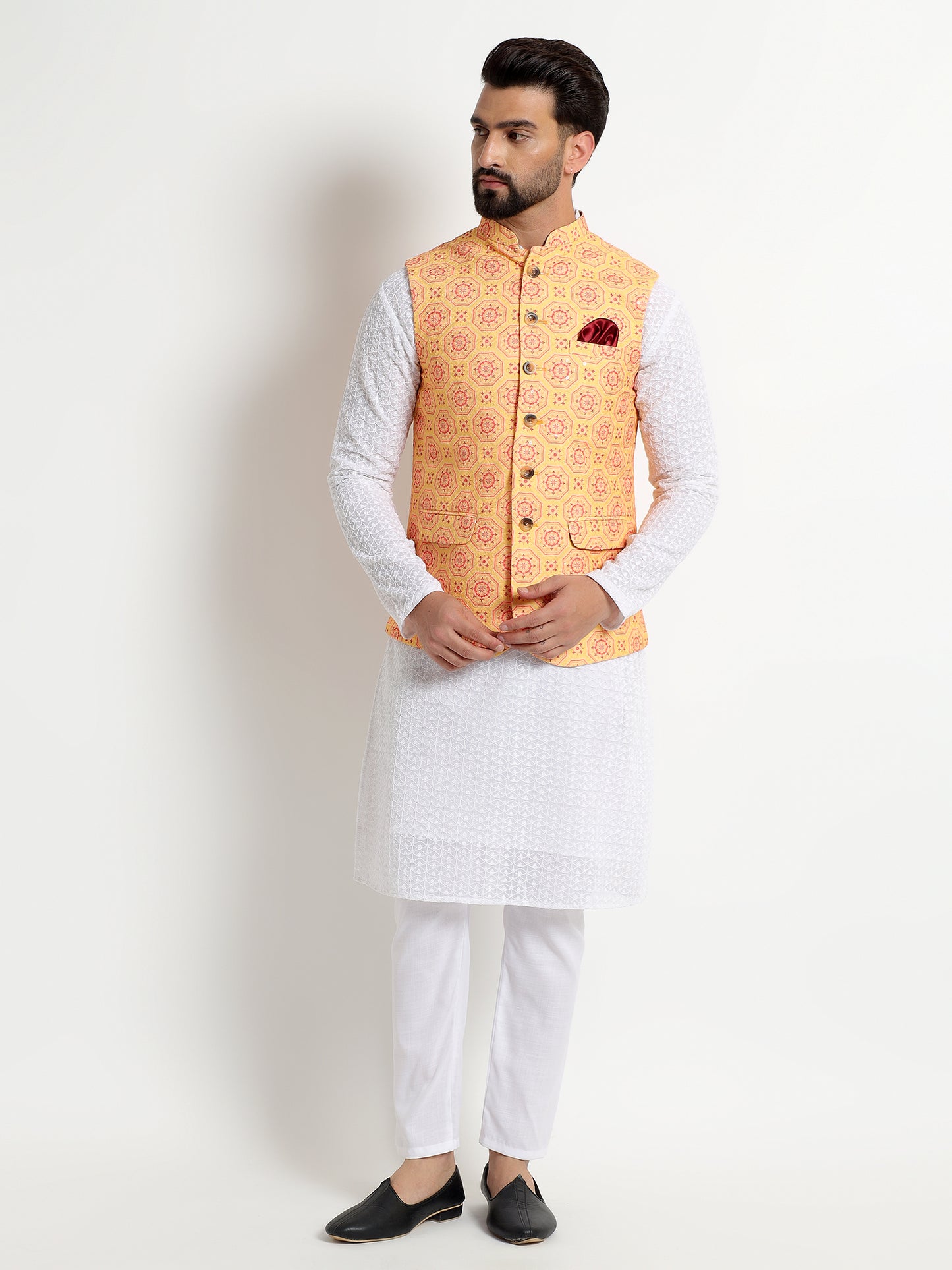 Yellow Printed Nehru Jacket
