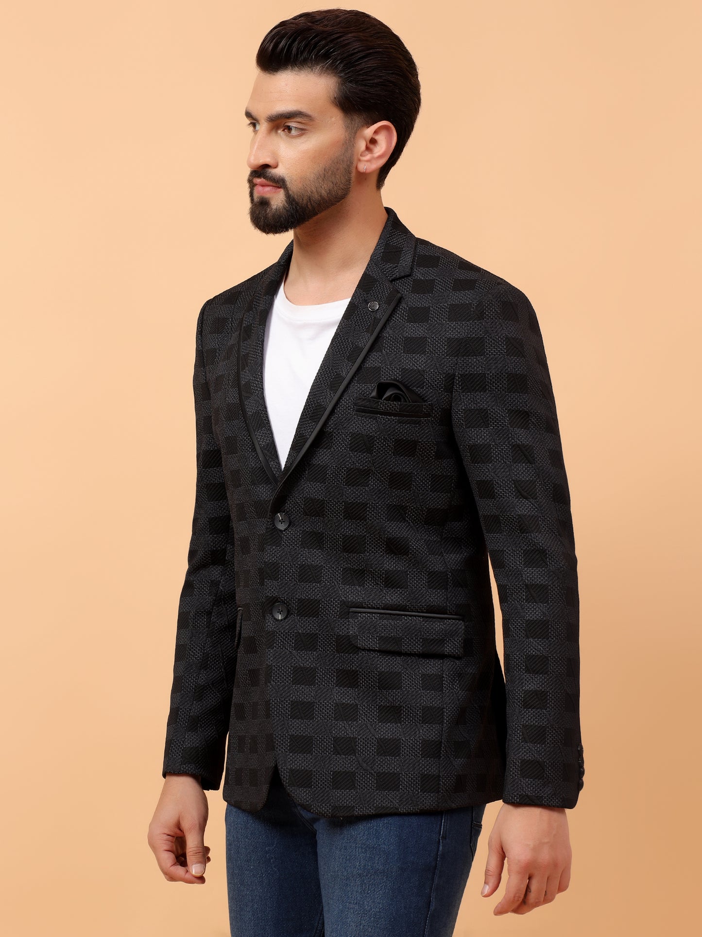 Black Textured Checkered Blazer
