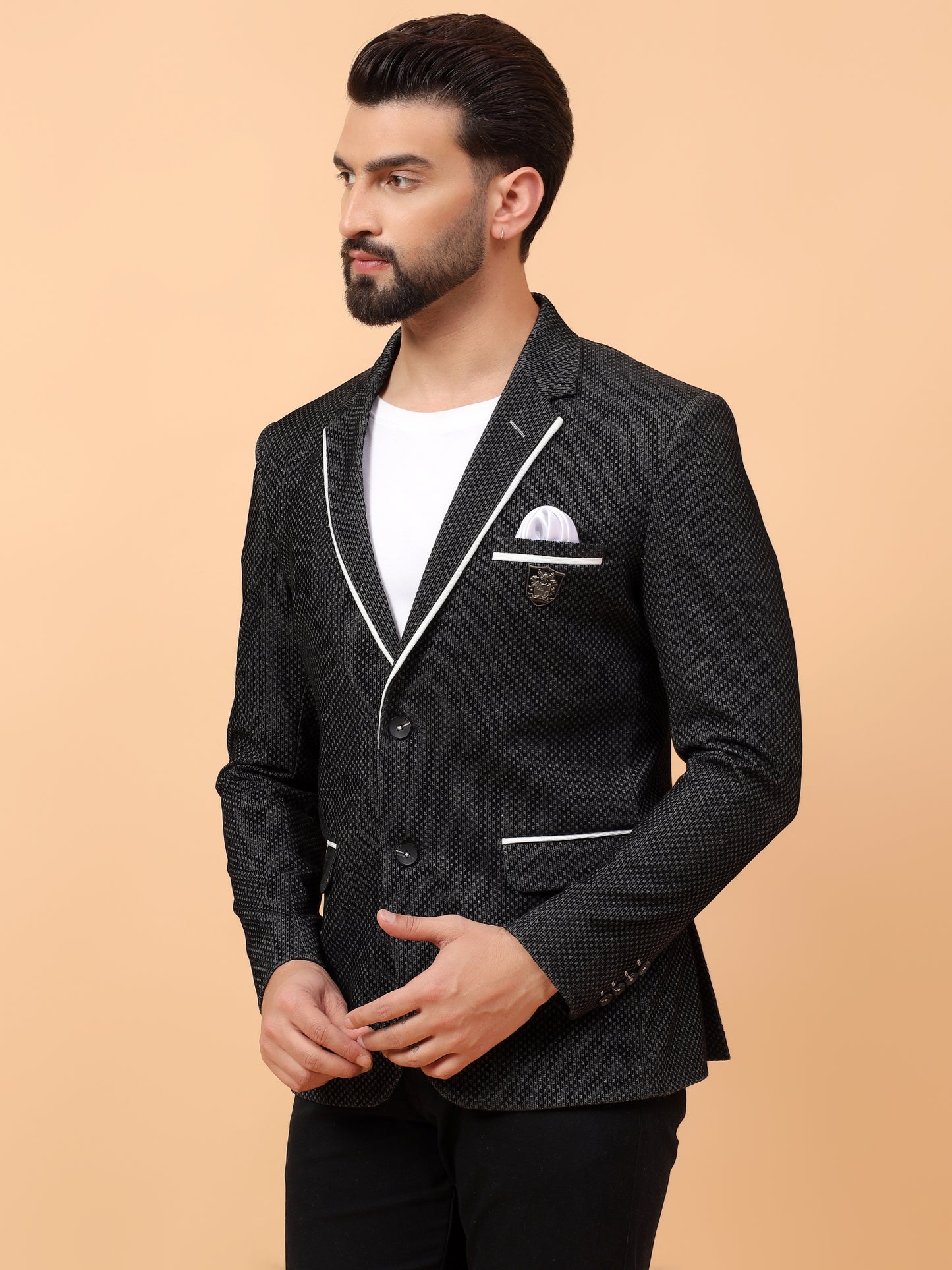 Black Textured Blazer with Contrast Piping
