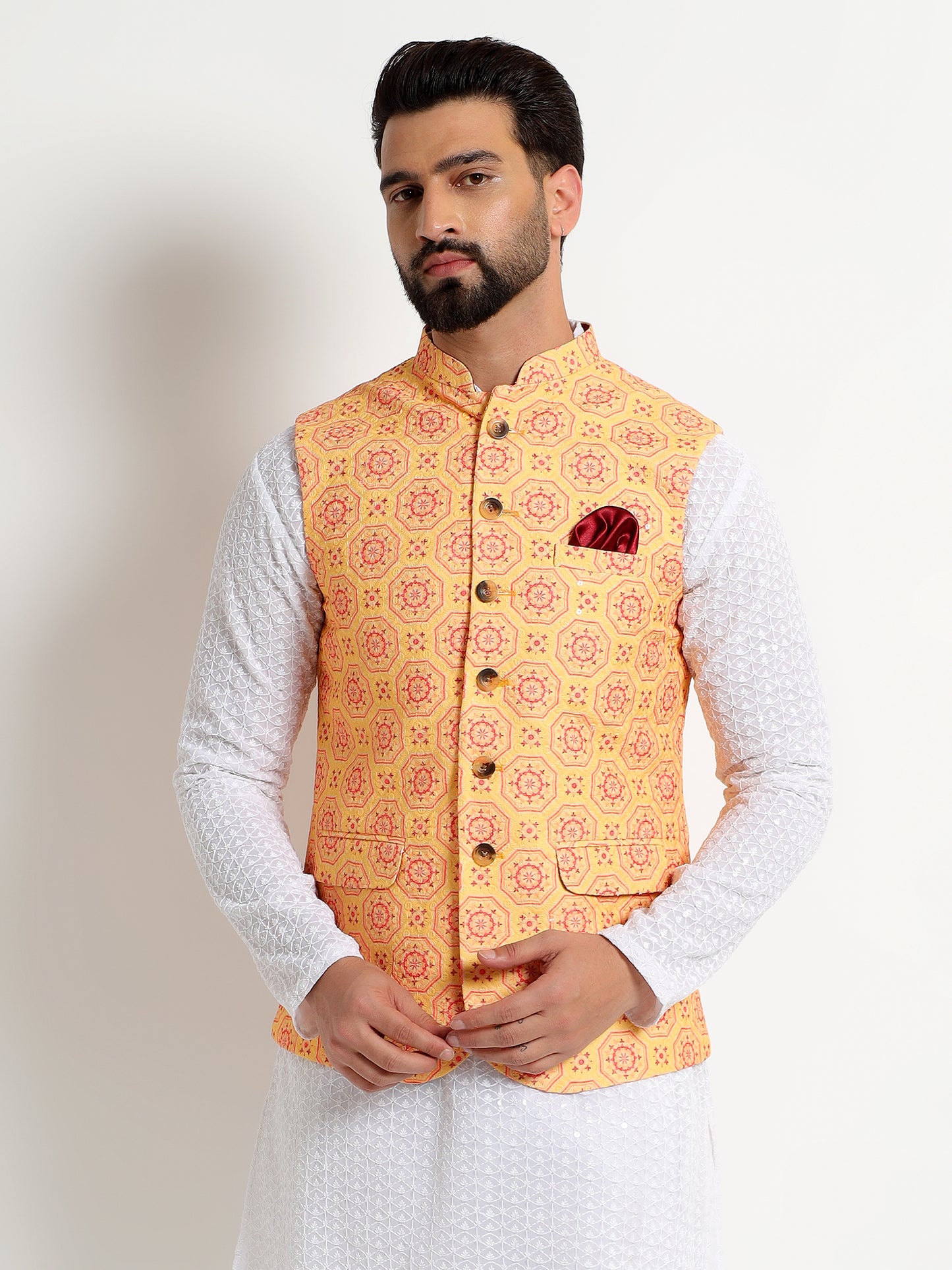 Yellow Printed Nehru Jacket