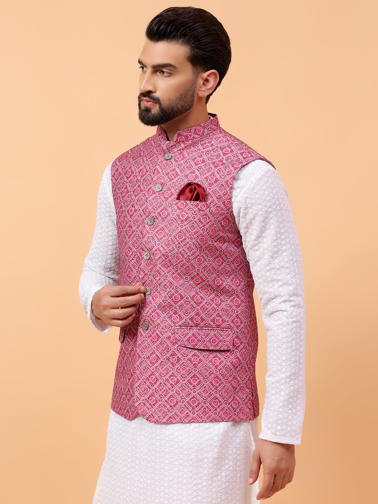 Pink Printed Nehru Jacket