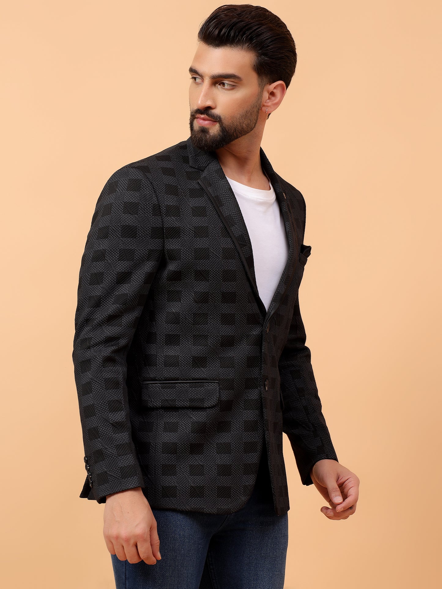 Black Textured Checkered Blazer