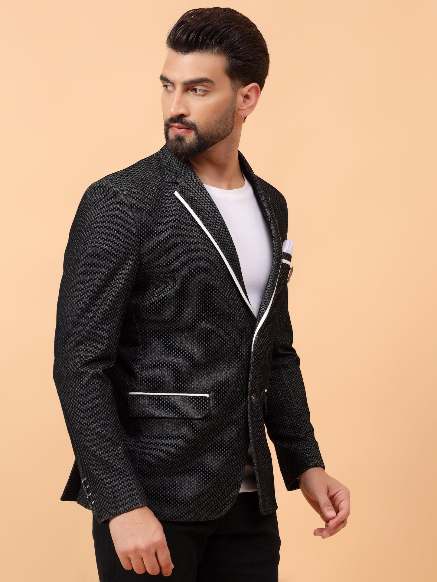 Black Textured Blazer with Contrast Piping