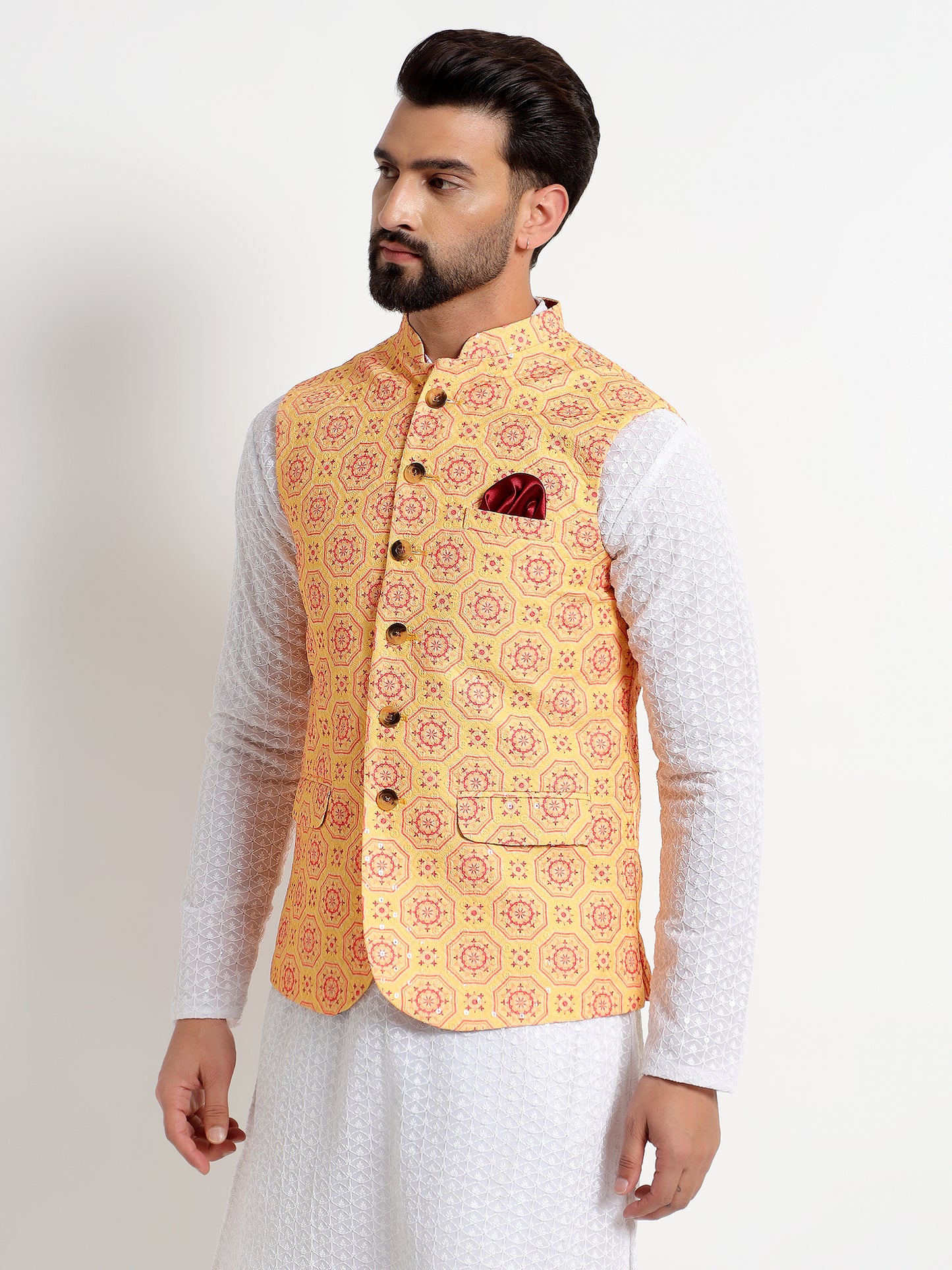 Yellow Printed Nehru Jacket