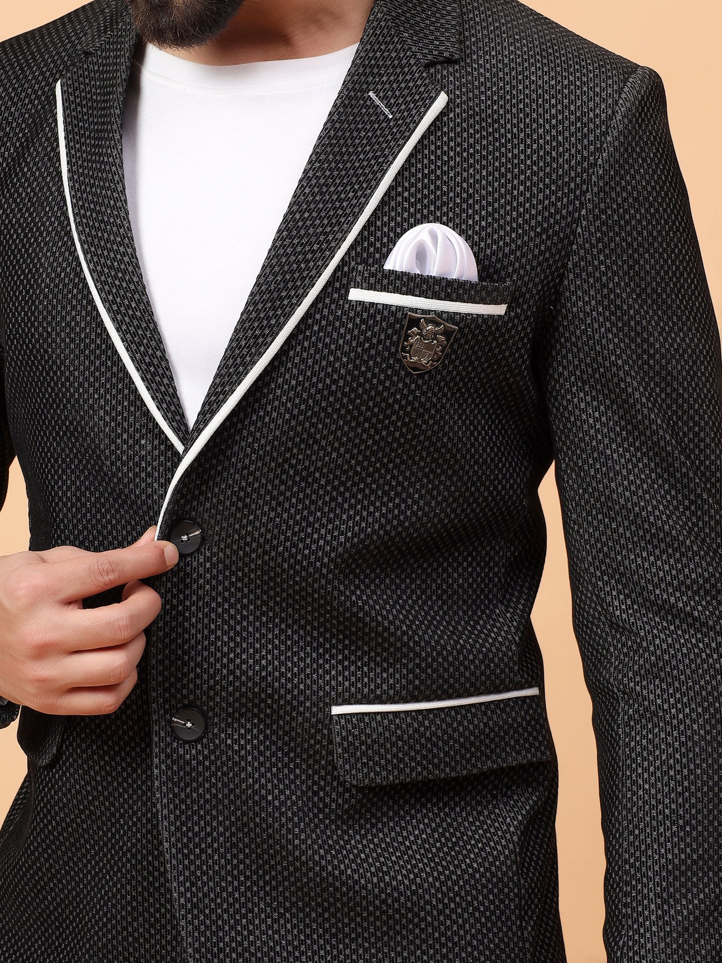Black Textured Blazer with Contrast Piping