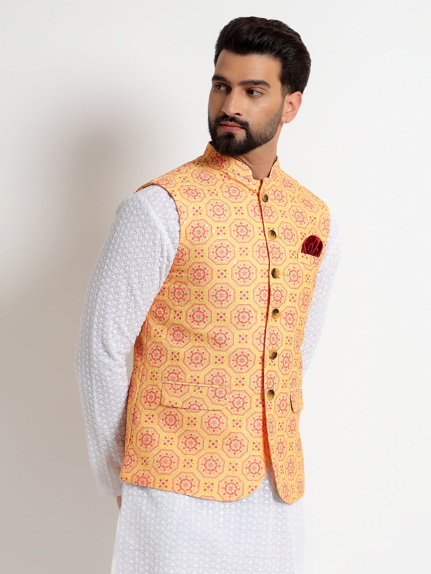 Yellow Printed Nehru Jacket
