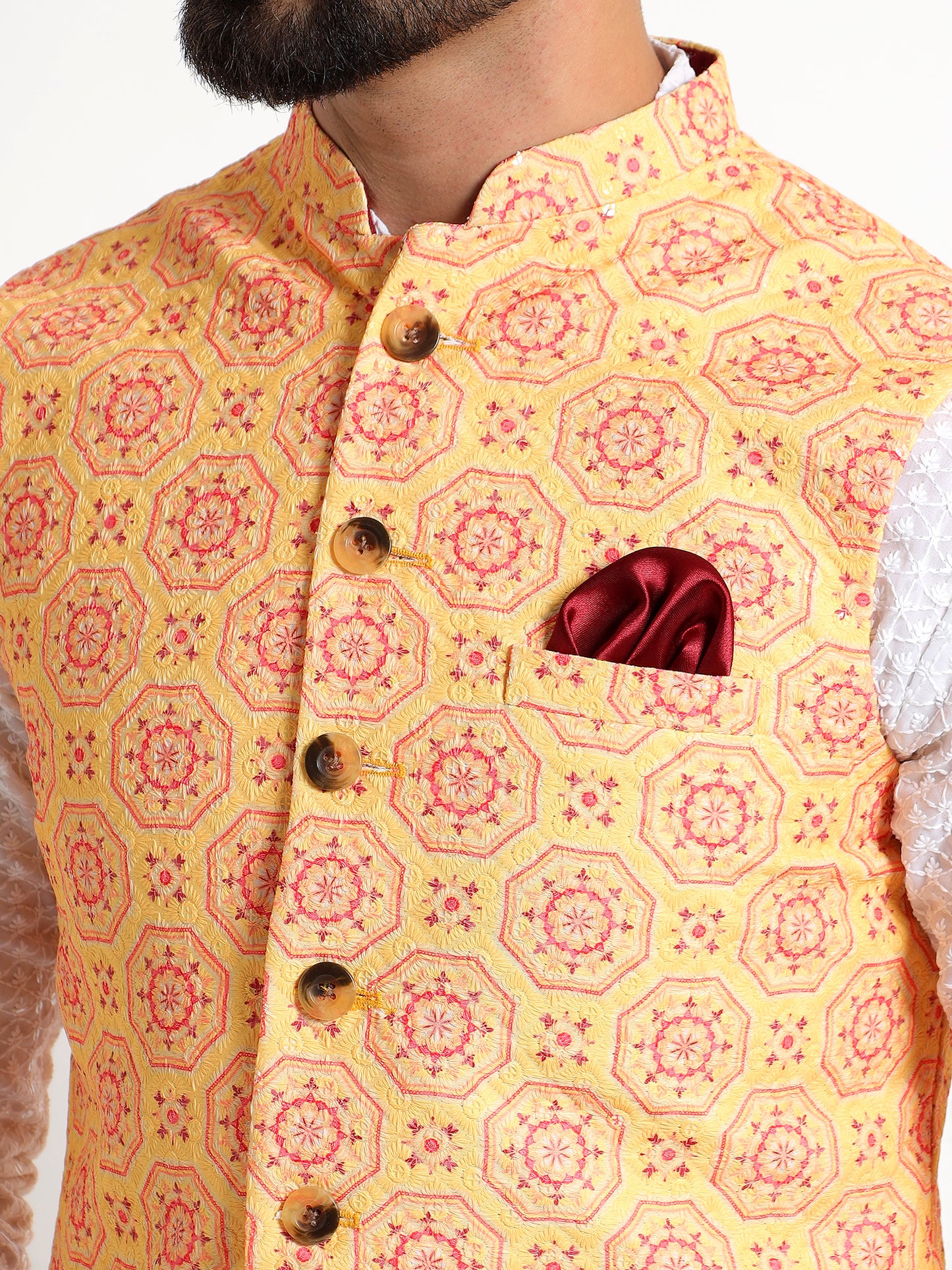 Yellow Printed Nehru Jacket