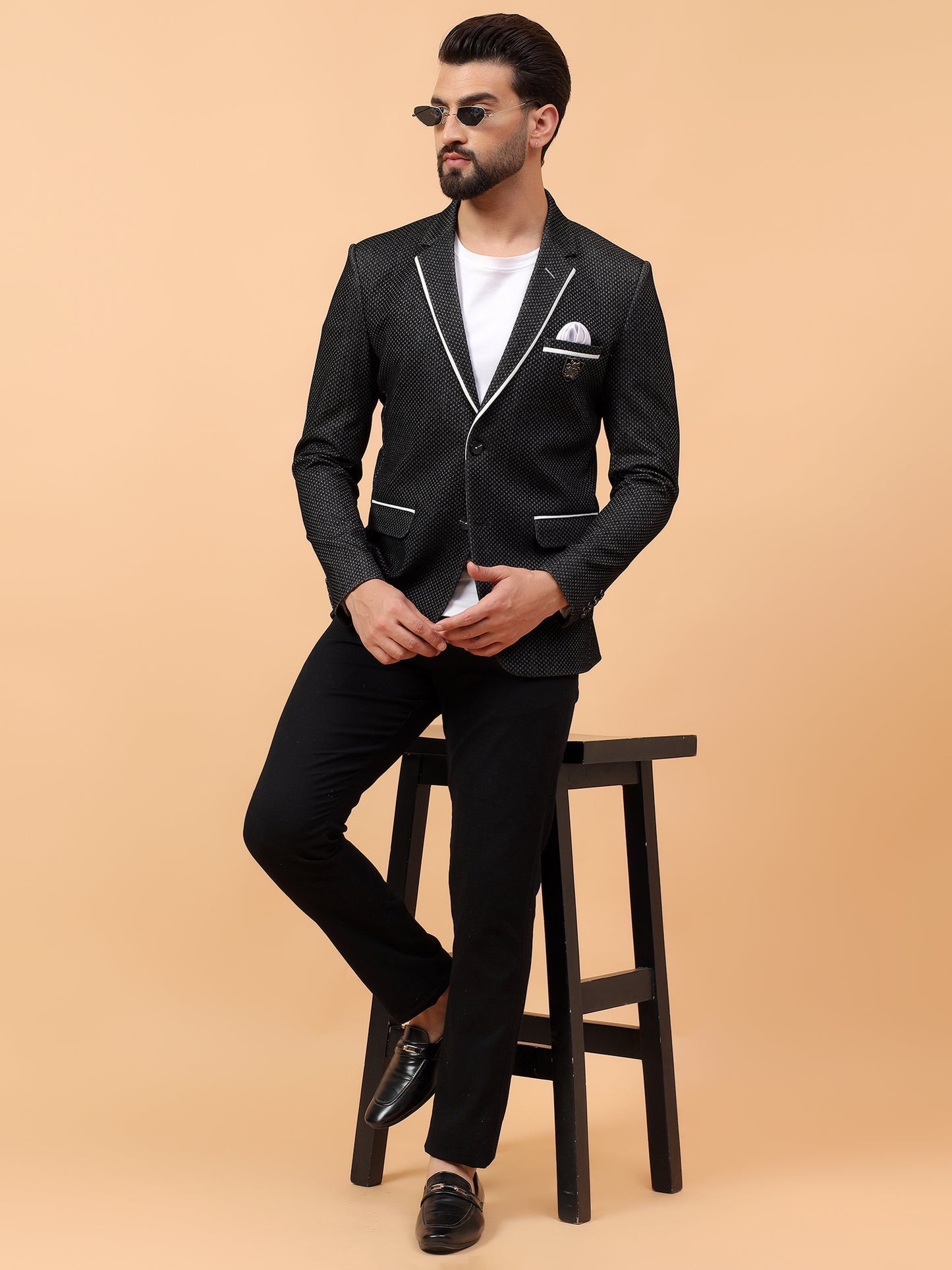 Black Textured Blazer with Contrast Piping