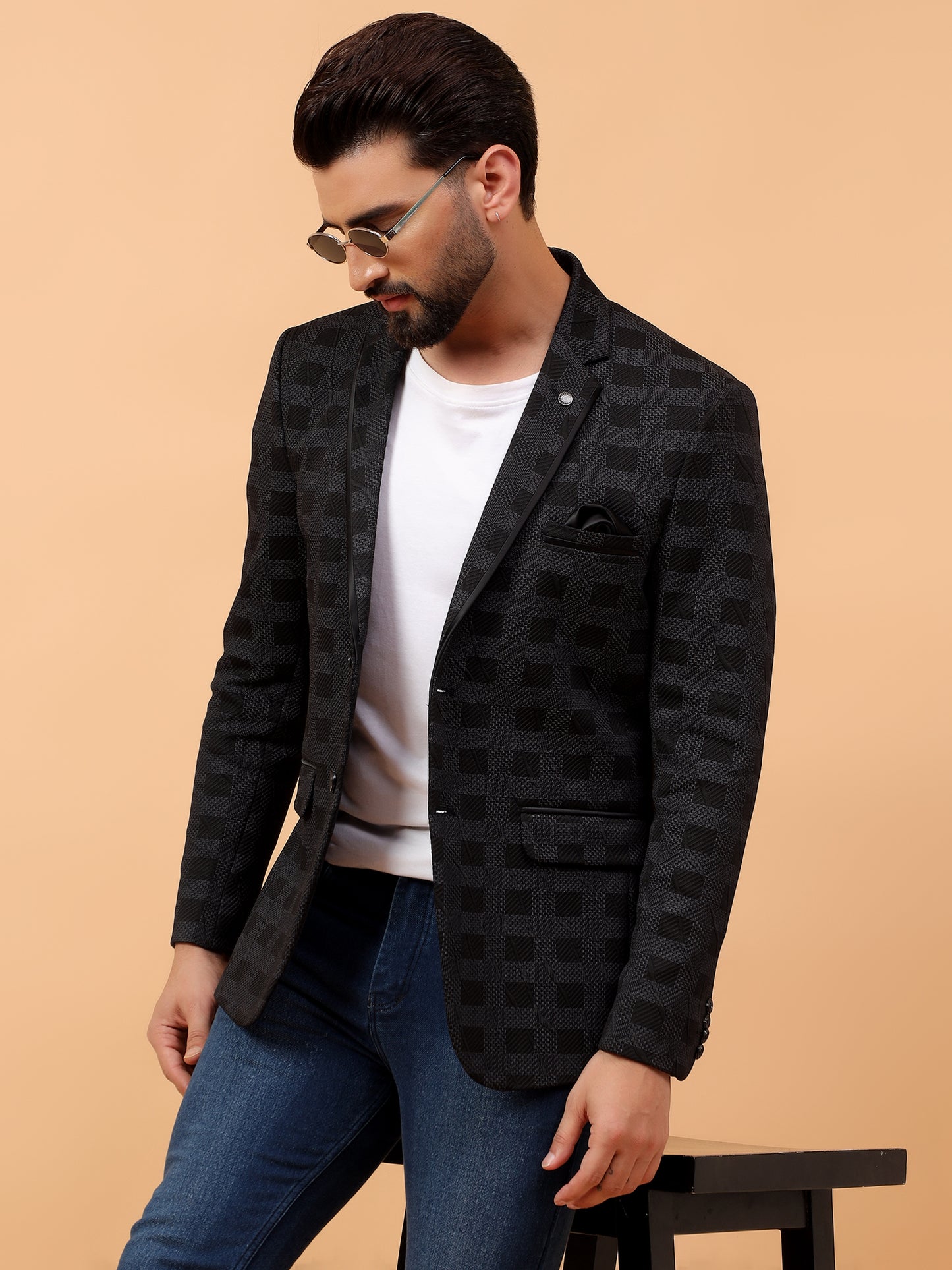 Black Textured Checkered Blazer
