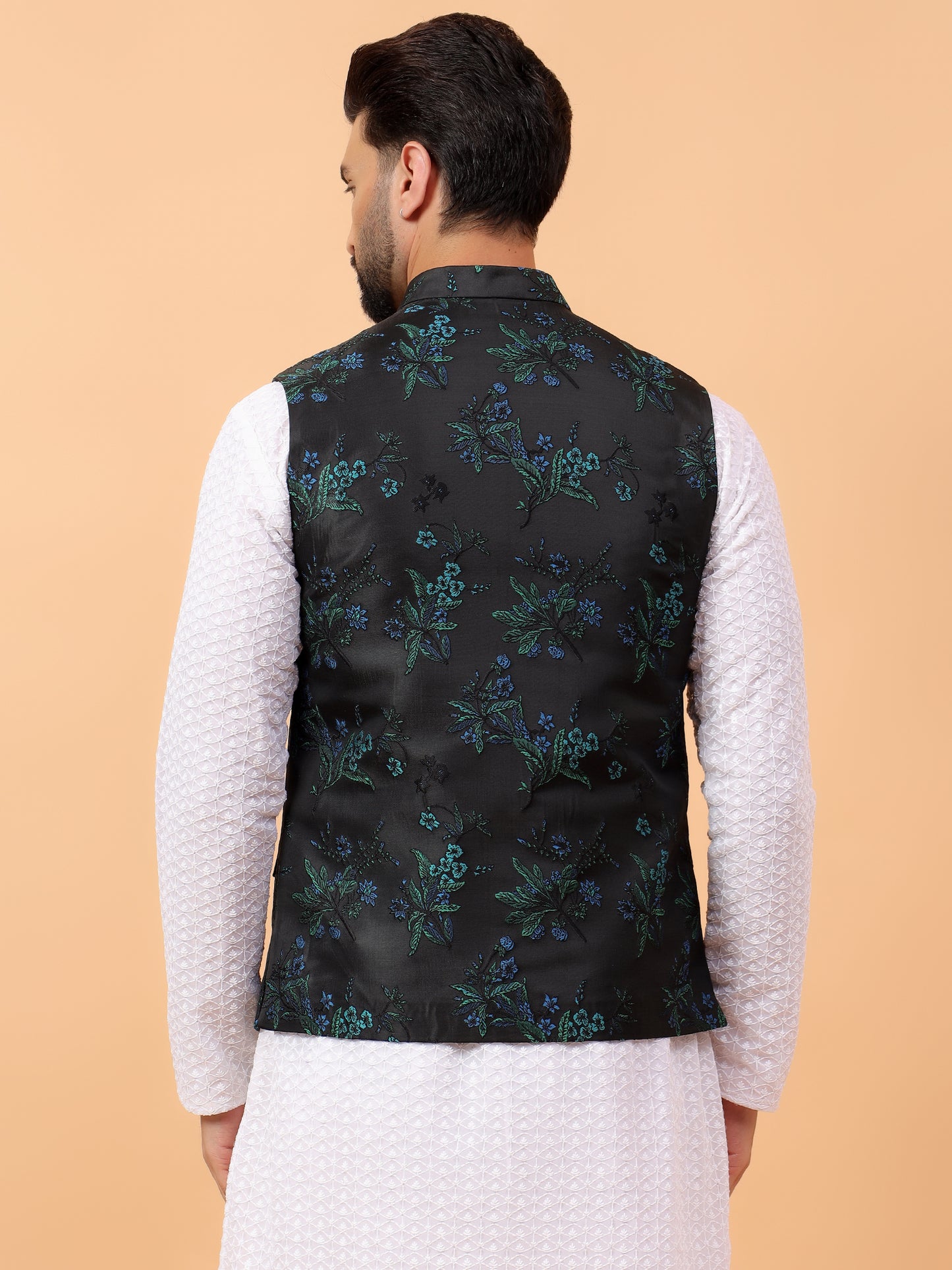 Olive Green Floral Nehru Jacket