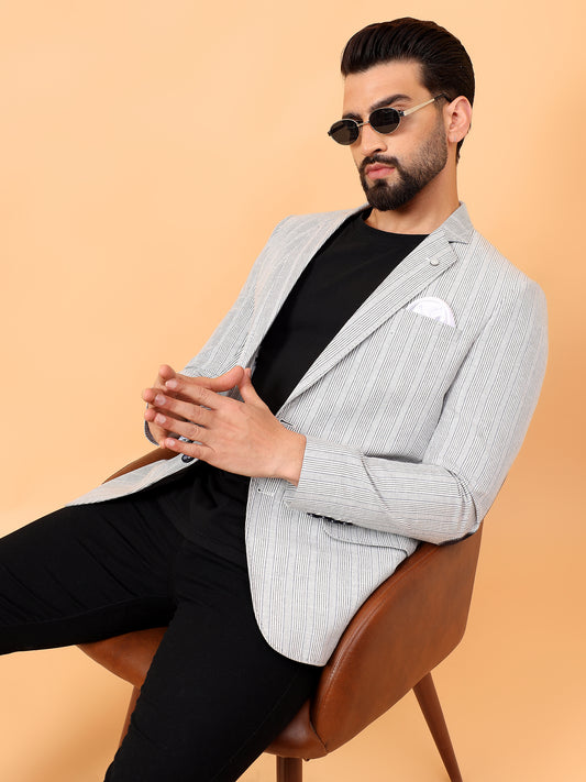Blue & White Checkered Cotton Linen Blazer