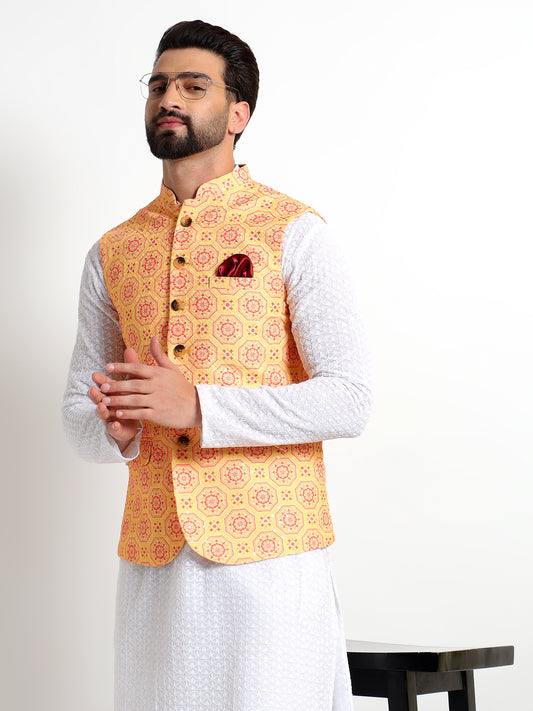 Yellow Printed Nehru Jacket