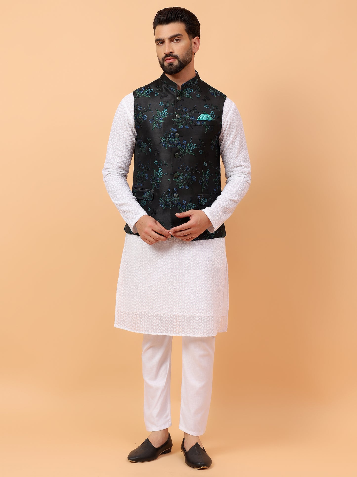 Olive Green Floral Nehru Jacket