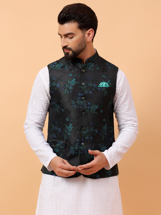 Olive Green Floral Nehru Jacket