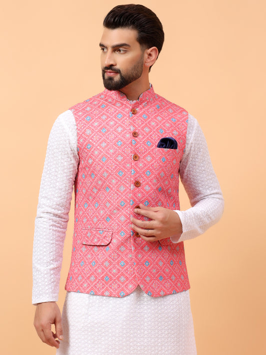 Pink Printed Nehru Jacket