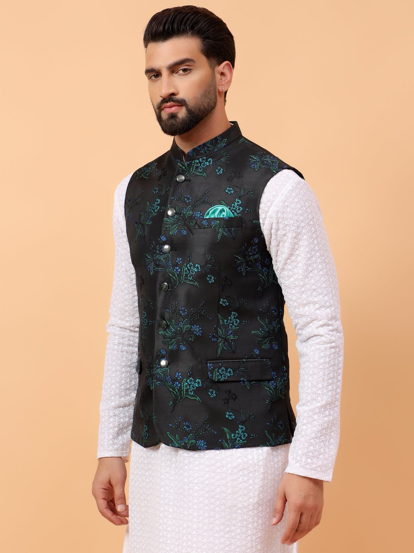 Olive Green Floral Nehru Jacket