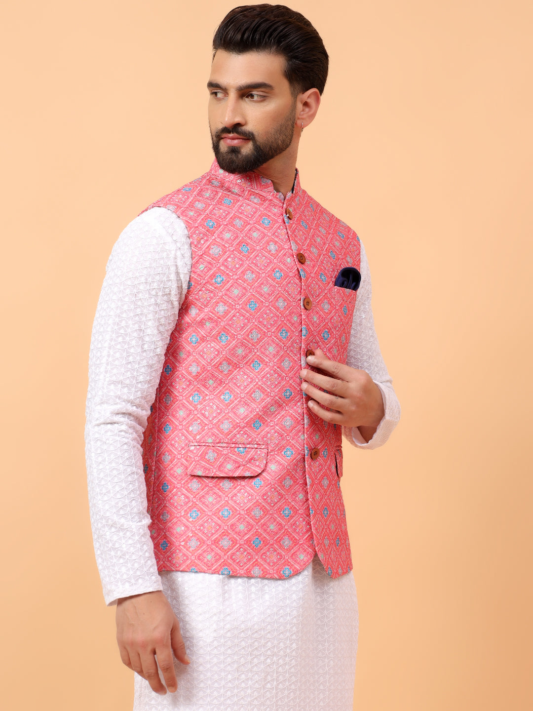 Pink Printed Nehru Jacket