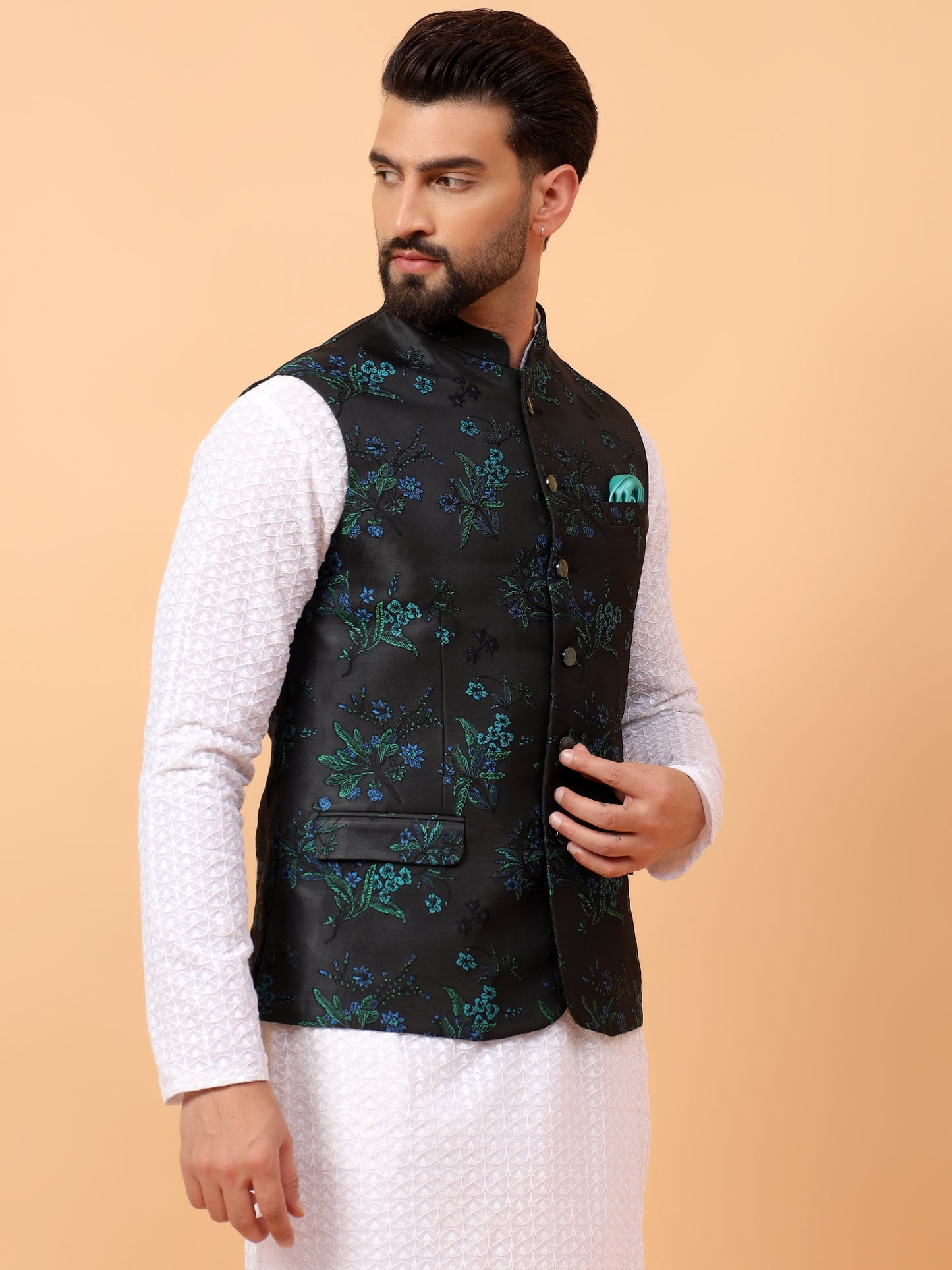 Olive Green Floral Nehru Jacket