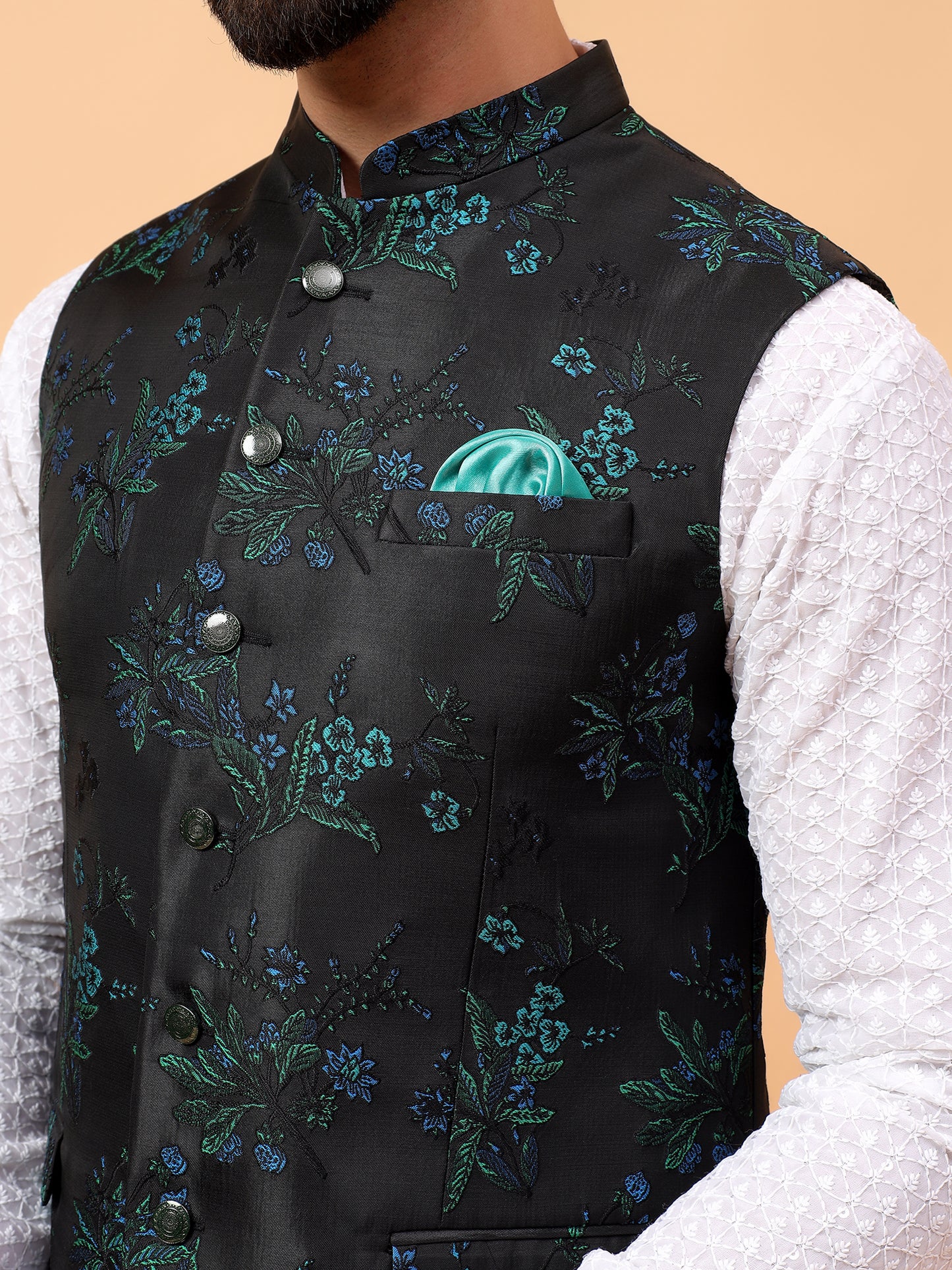 Olive Green Floral Nehru Jacket