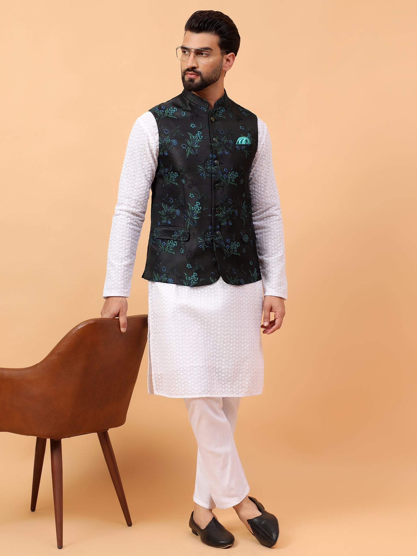Olive Green Floral Nehru Jacket