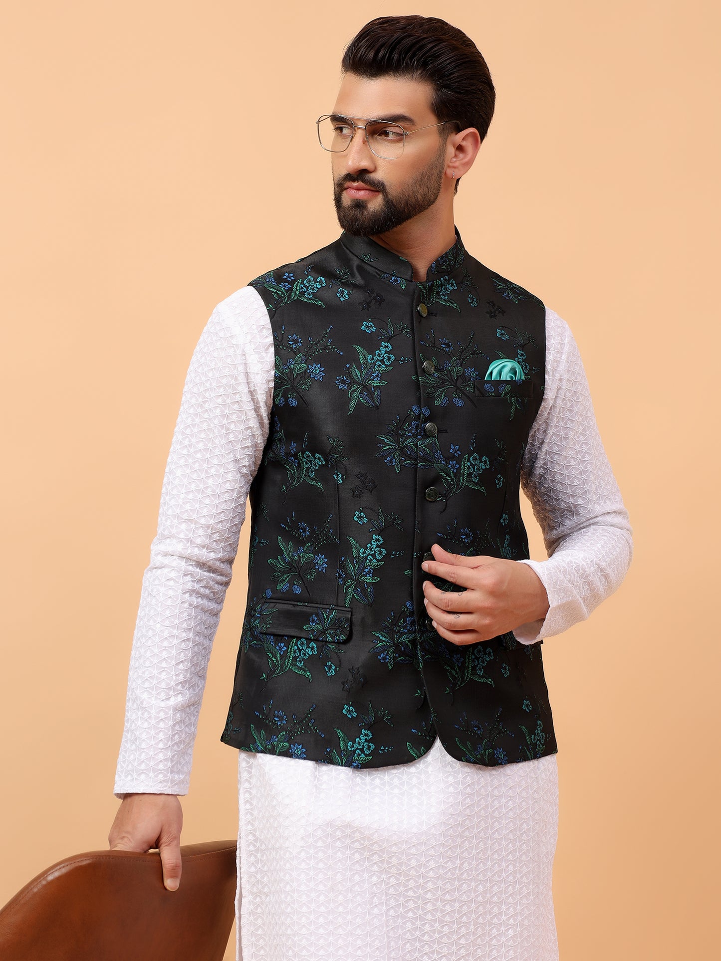 Olive Green Floral Nehru Jacket