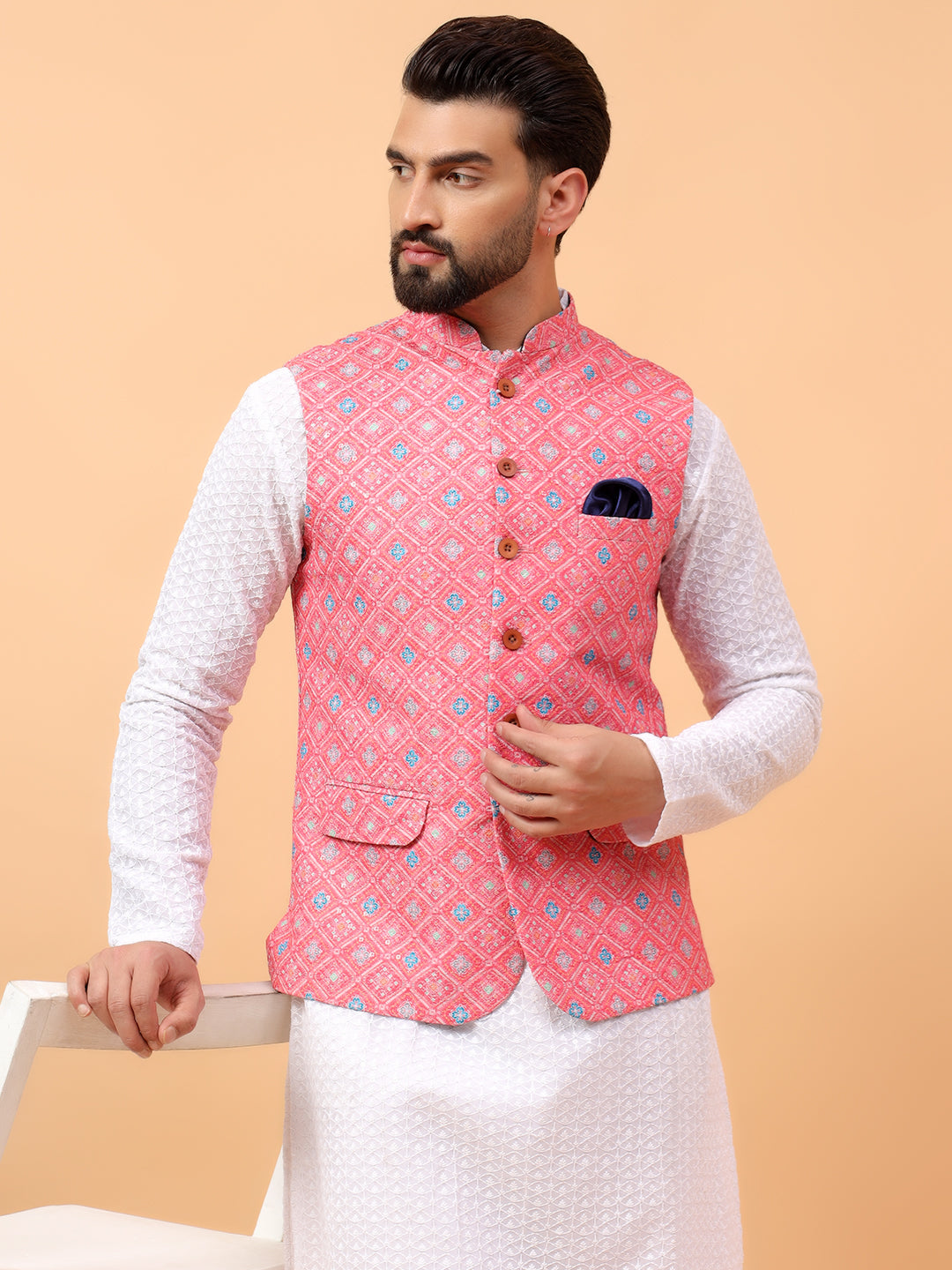 Pink Printed Nehru Jacket