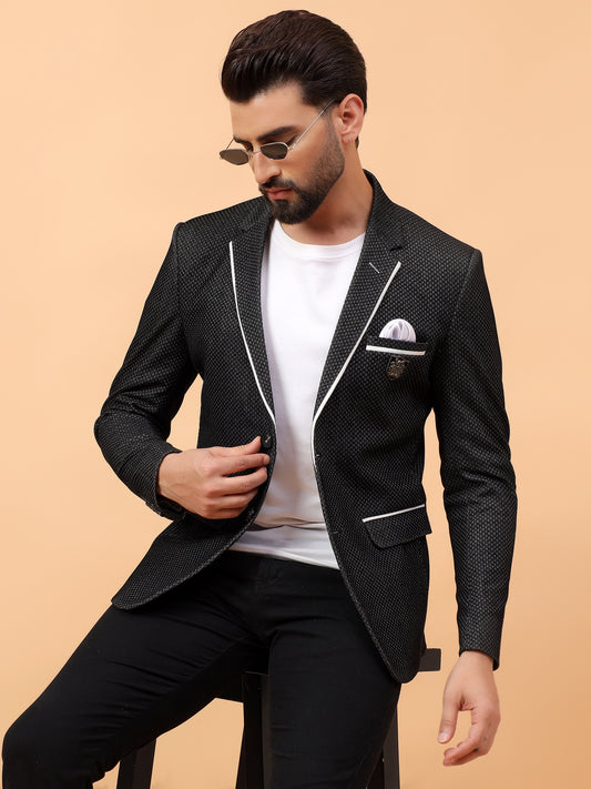 Black Textured Blazer with Contrast Piping